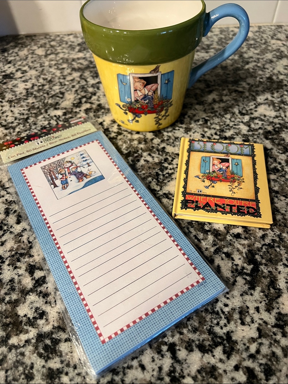 NWT Mary Engelbreit Yellow & Blue Ceramic Mug with Floral Window Scene